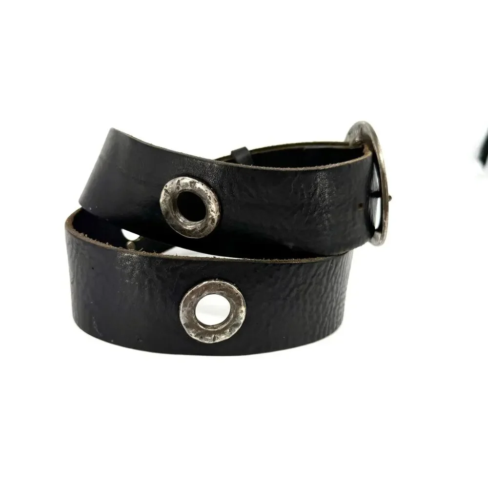 Vintage 90s Garuglieri Black Leather Round Buckle Grommet Belt